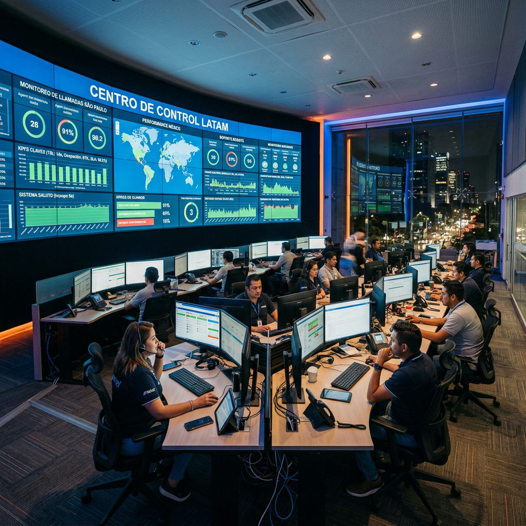 Call center agents working beneath a large São Paulo operations dashboard