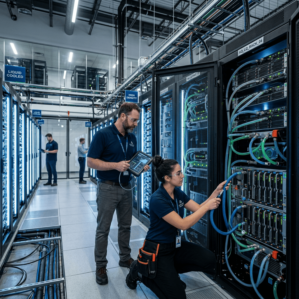 Two technicians inspecting liquid-cooled server racks in a data center