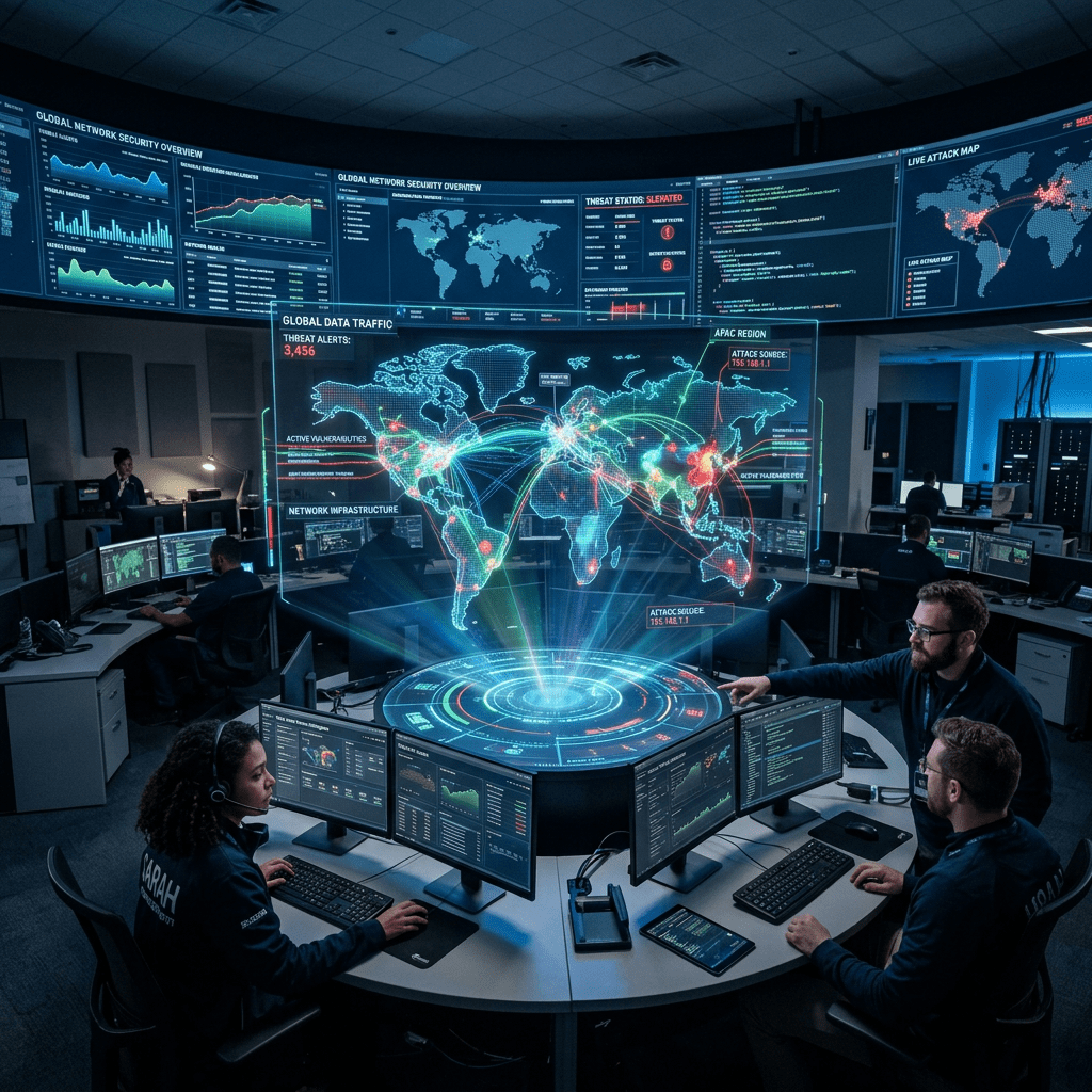 Cybersecurity analysts monitoring global threat maps in a control room