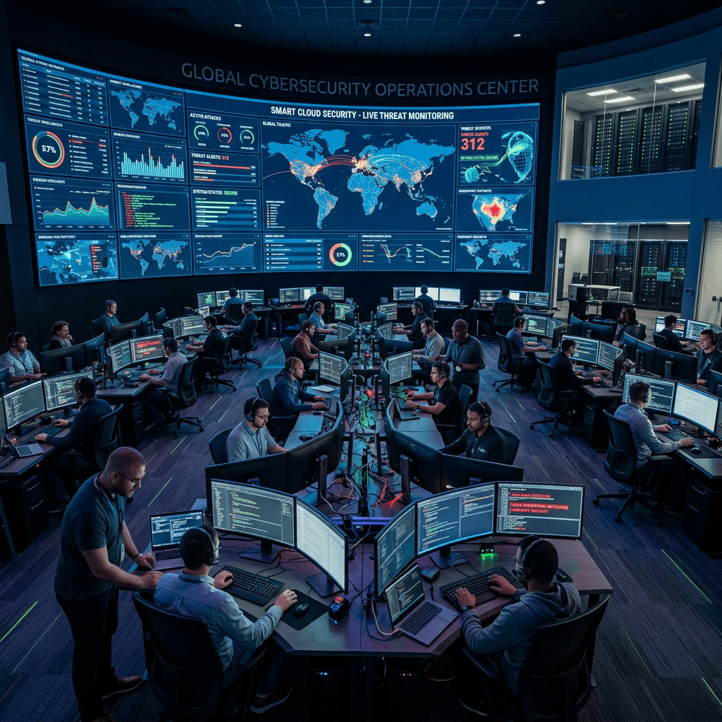 Cybersecurity operations center with analysts monitoring global threats