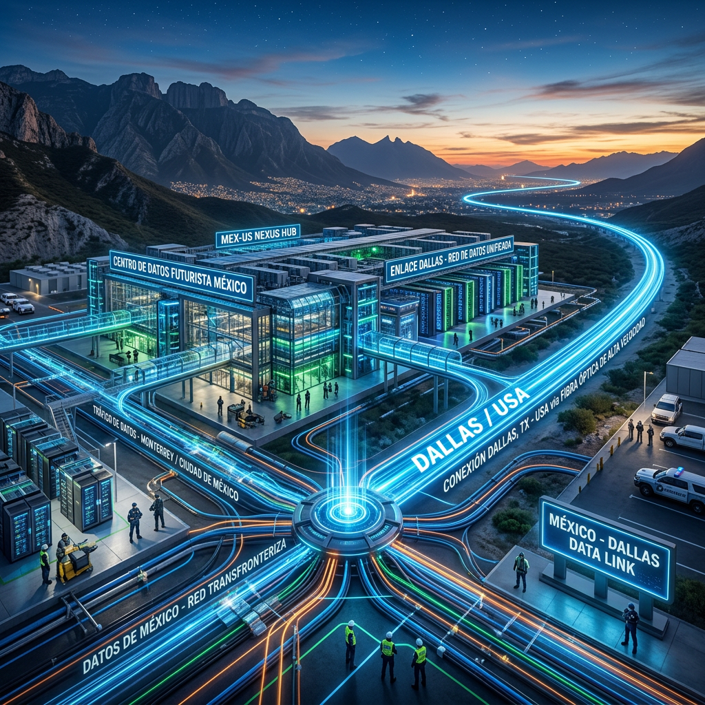 Futuristic data center labeled CENTRO DE DATOS FUTURISTA MÉXICO, MEX-US NEXUS HUB, ENLACE DALLAS - RED DE DATOS UNIFICADA, TRÁFICO DE DATOS - MONTERREY | CIUDAD DE MÉXICO, DALLAS / USA, CONEXIÓN DALLAS, TX - USA VÍA FIBRA ÓPTICA DE ALTA VELOCIDAD, DATOS DE MÉXICO - RED TRANSFRONTERIZA, and MÉXICO - DALLAS DATA LINK.