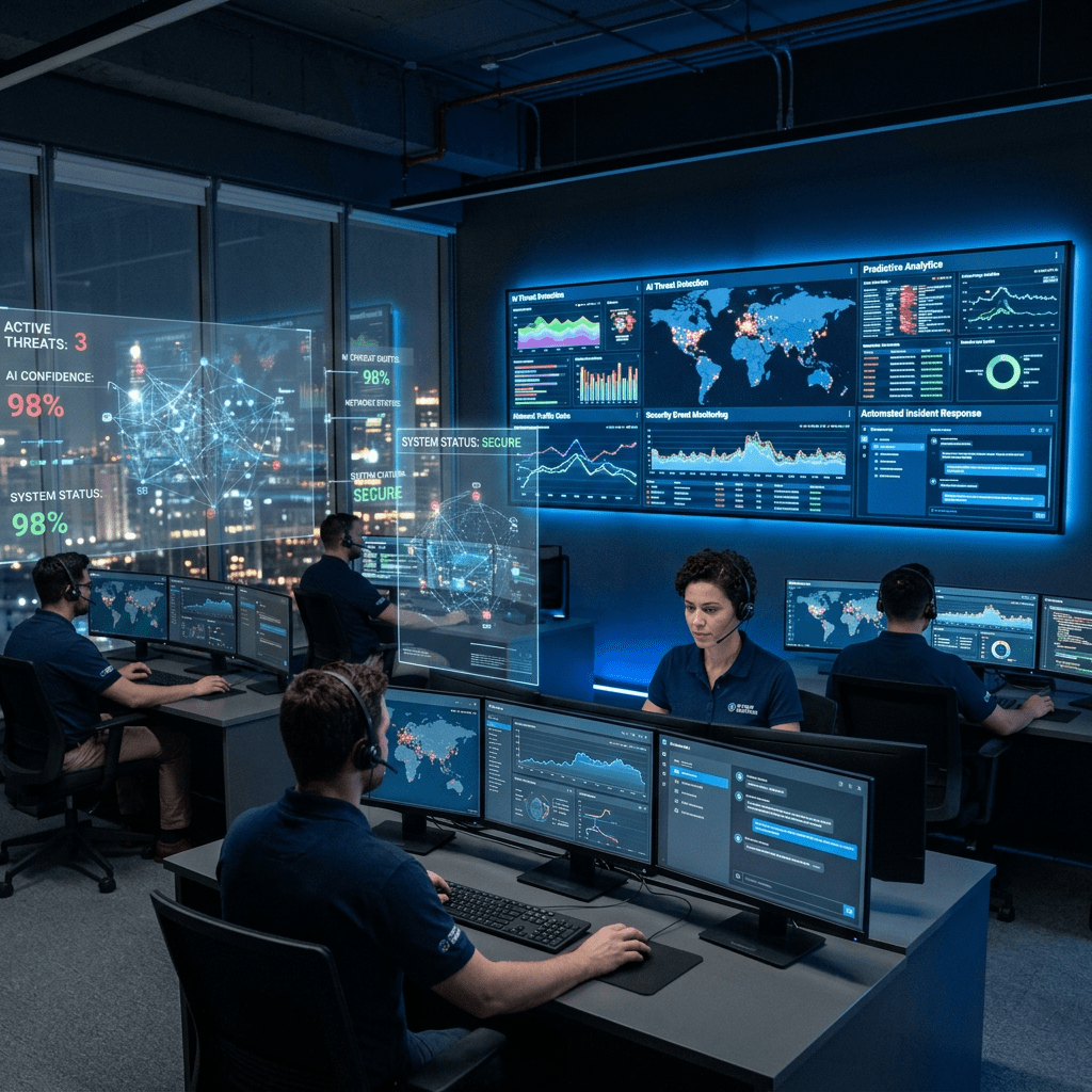 Cybersecurity analysts monitoring threat dashboards in a dark operations center