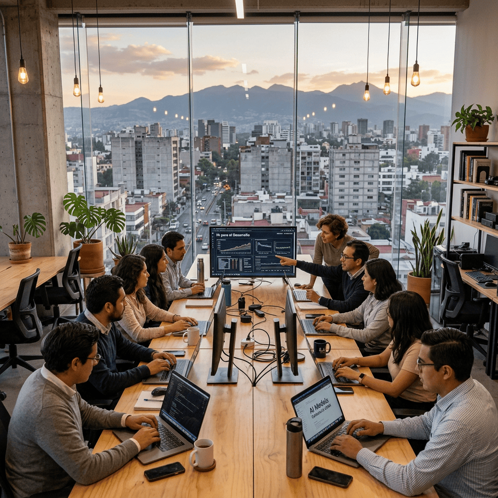 Technology team collaborating around laptops and data dashboards in a modern office