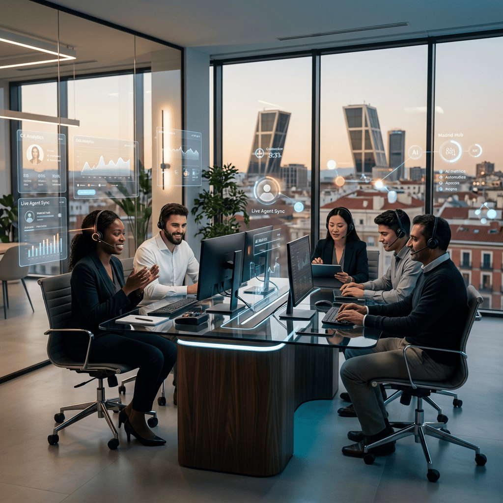 Five customer service professionals using computers and AI analytics dashboards in an office