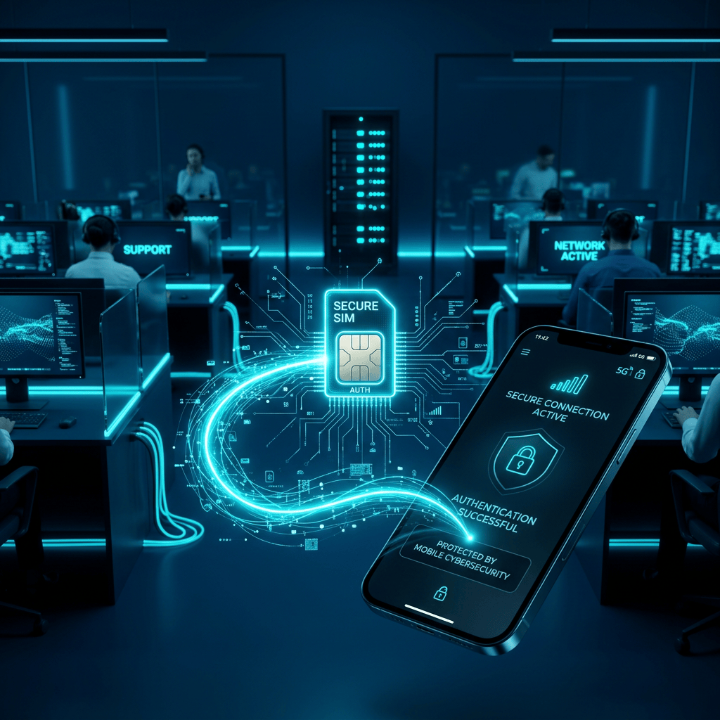 Glowing SIM authentication chip connected to smartphone