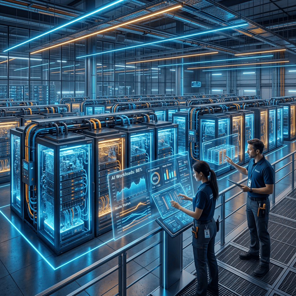 Technicians monitoring servers beside dashboard reading “AI Workloads: 88%” and “Node Status”