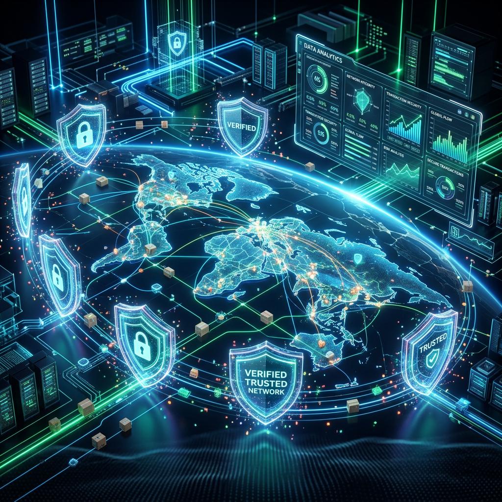 Glowing world map with security shields, servers, data analytics, and VERIFIED TRUSTED NETWORK text