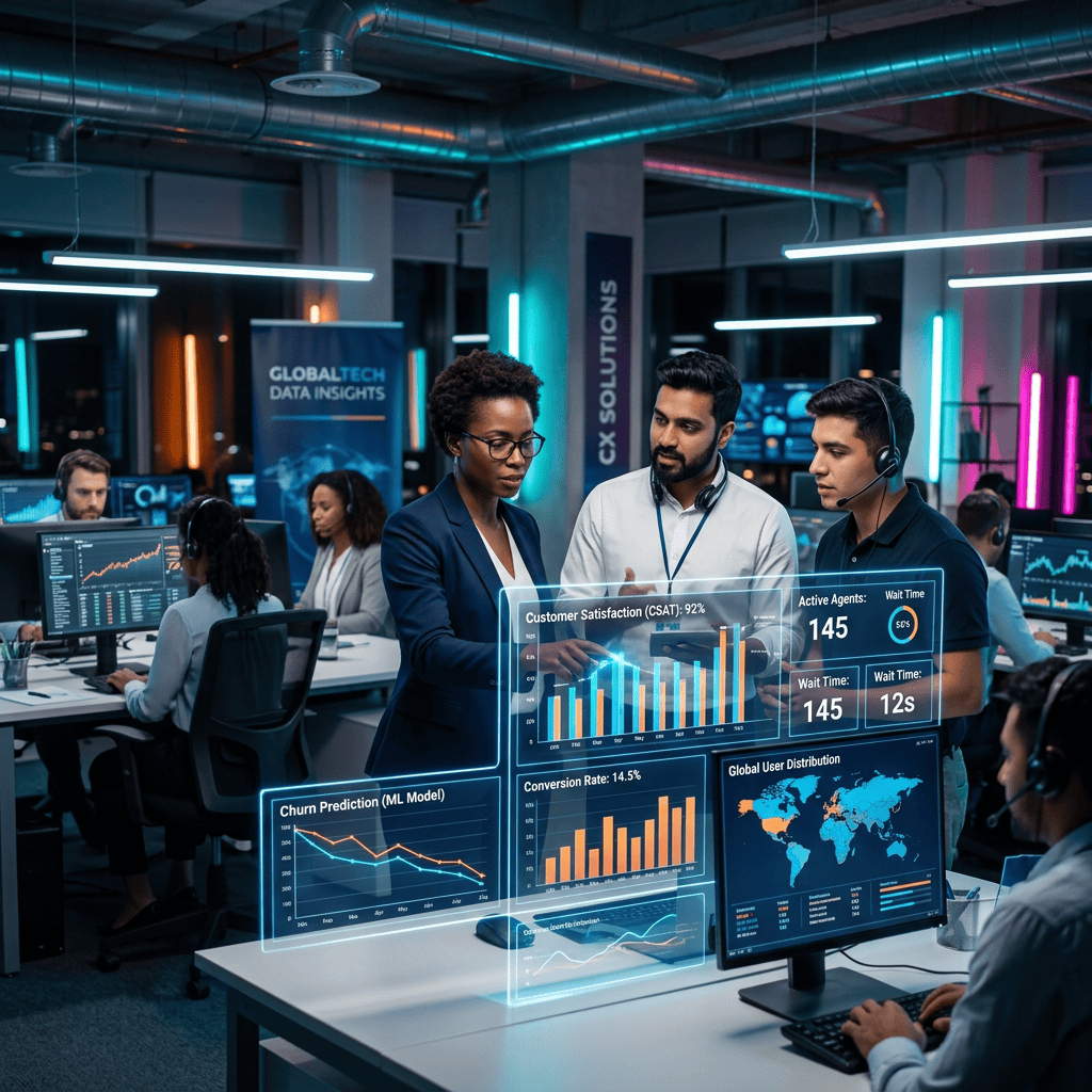 Support team reviewing dashboards labeled Global Tech Data Insights and CX Solutions