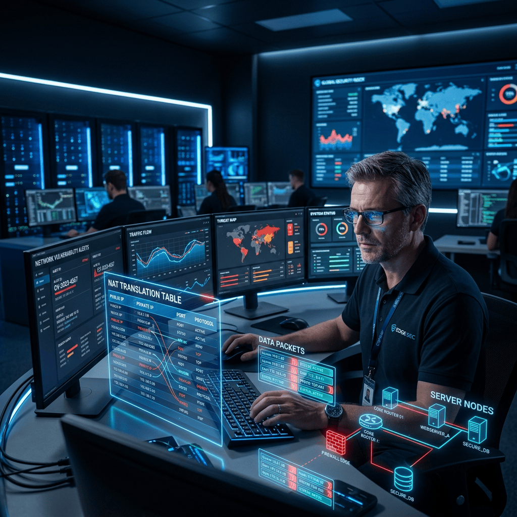 Cybersecurity analyst monitoring network dashboards and server infrastructure