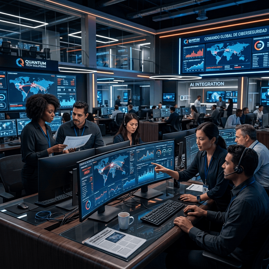 Cybersecurity analysts monitoring global threat dashboards in a command center