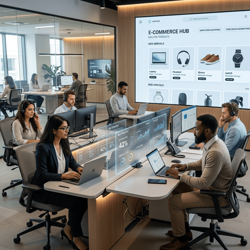 E-commerce team working with product dashboard and marketing analytics