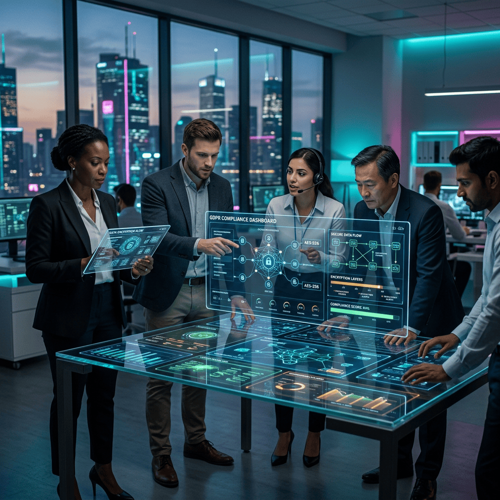 Team reviewing holographic GDPR compliance dashboard with encryption and secure data flow diagrams