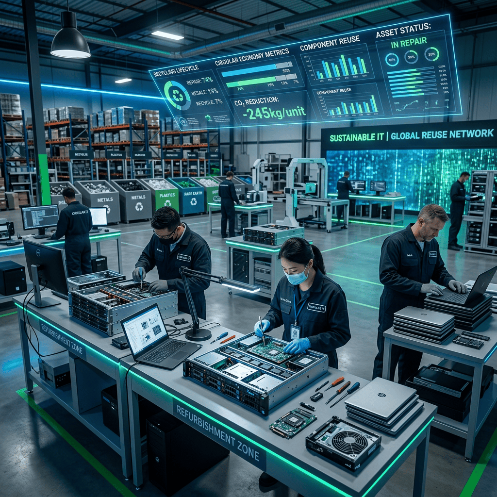 Technicians refurbishing computers and electronic components in a recycling facility