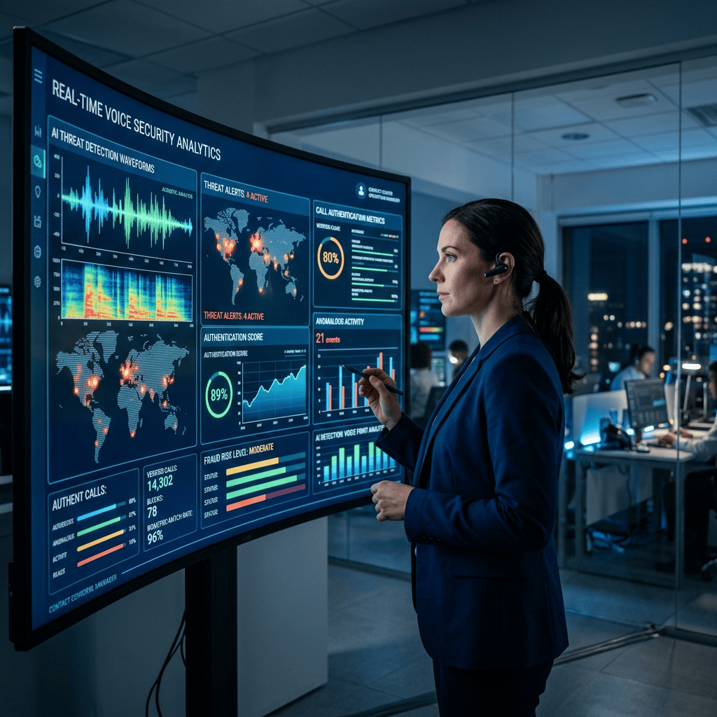 Analyst reviewing real-time voice security analytics dashboard