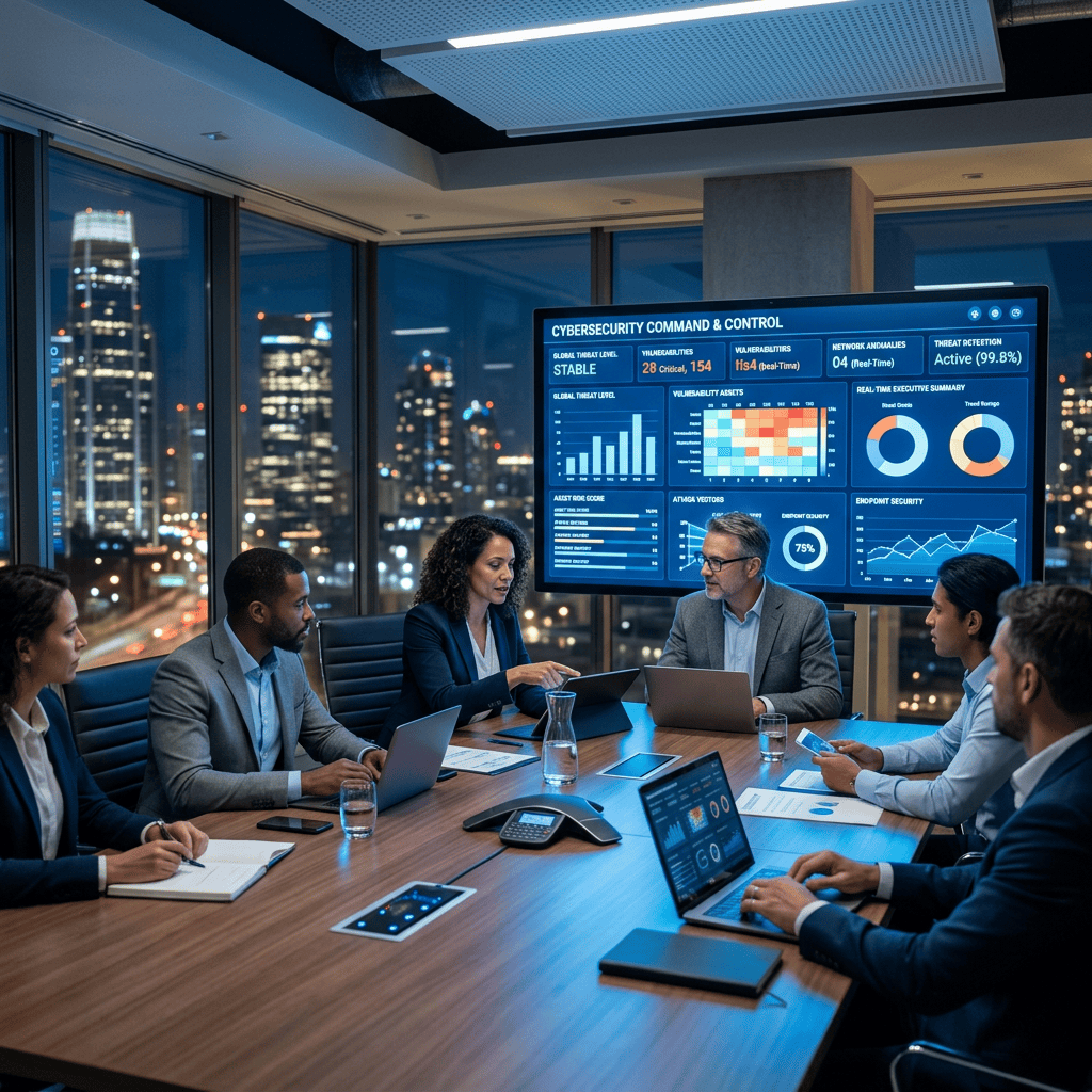 Cybersecurity team meeting with real-time threat monitoring dashboard