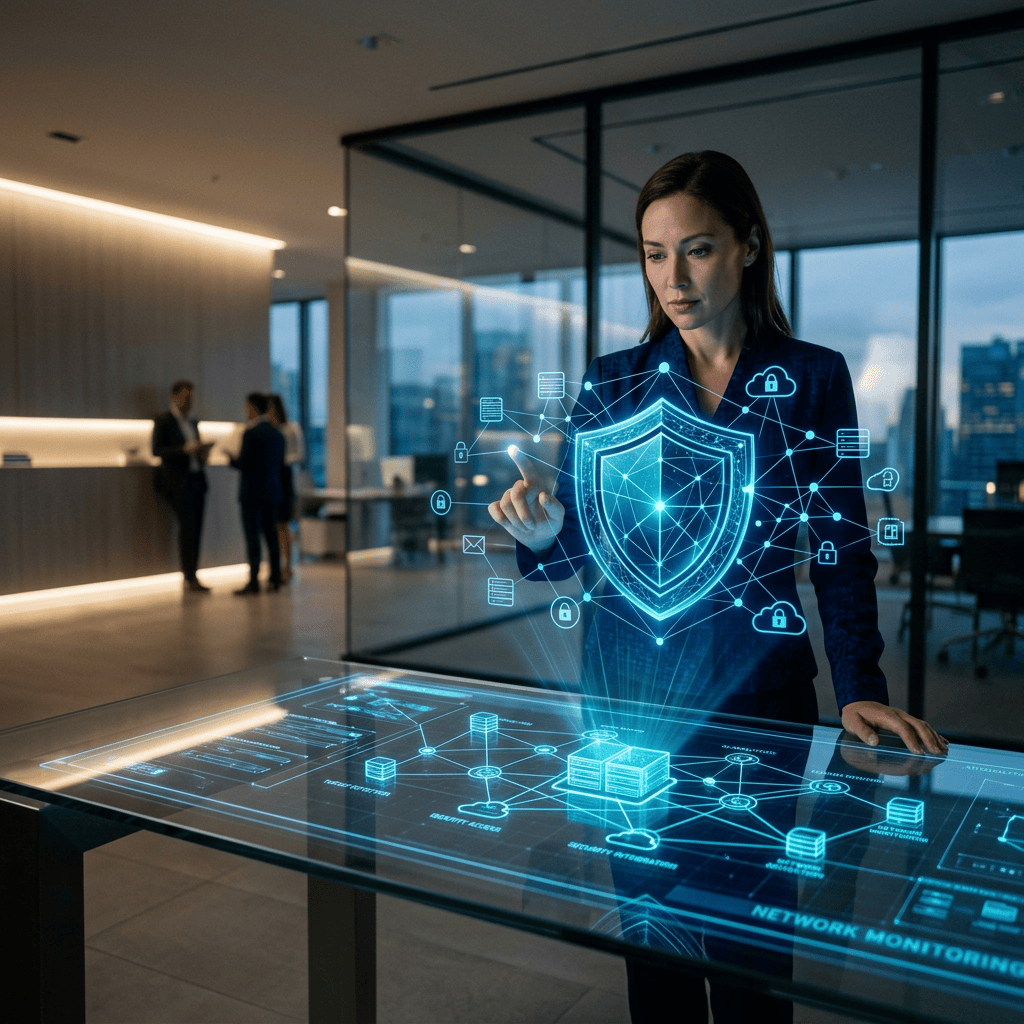 Business professional using holographic cybersecurity shield and network interface