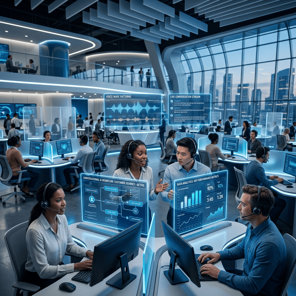Customer service agents using AI dashboards in a futuristic contact center