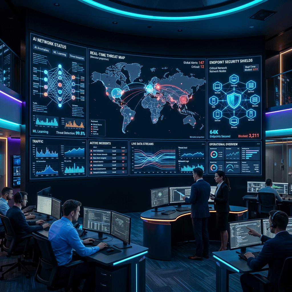 Cybersecurity operations center with analysts monitoring AI threat maps and security dashboards