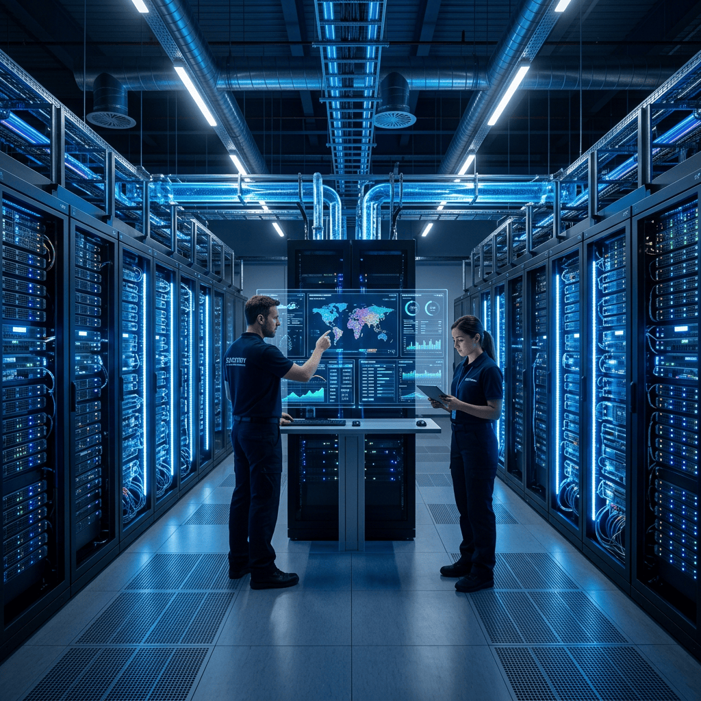 Two technicians reviewing global network data in a server room