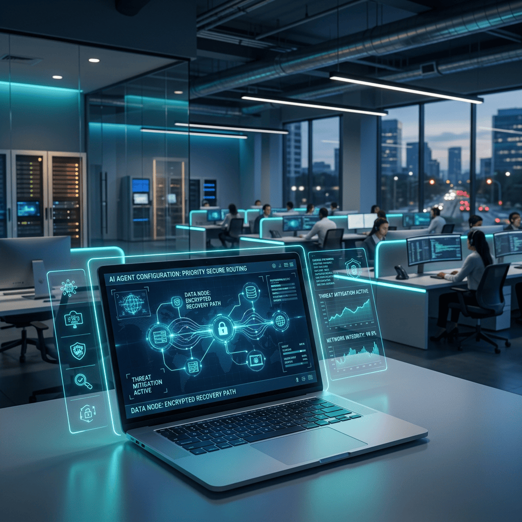 Laptop dashboard showing AI agent configuration, encrypted recovery, and threat mitigation