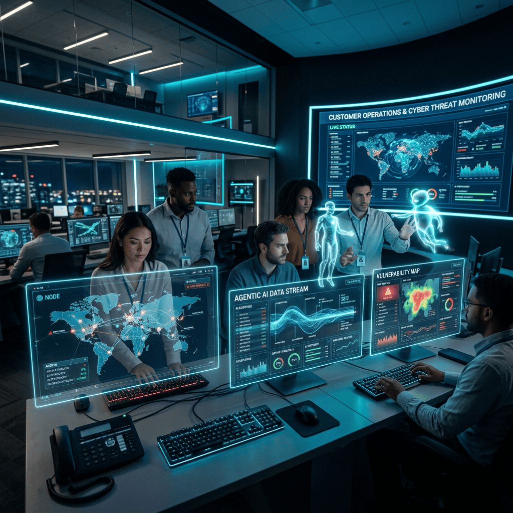 Cybersecurity team monitoring global threats on dashboards labeled NODE, AGENTIC AI DATA STREAM, and VULNERABILITY MAP